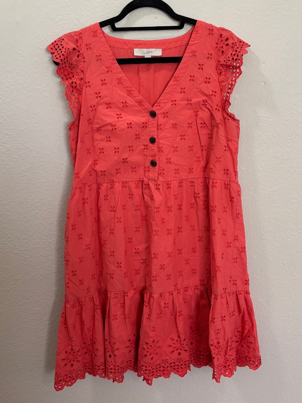 LOFT Eyelet Ruffle Sleeve Button Detail Coral Mini Dress Size 6